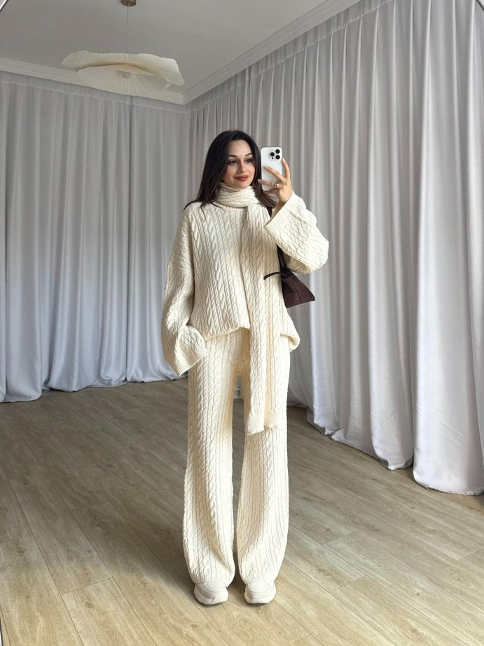 طقم تريكو أنيق نسائي مكون من 3 قطع بلوزة + بنطلون + سكارفTR-5