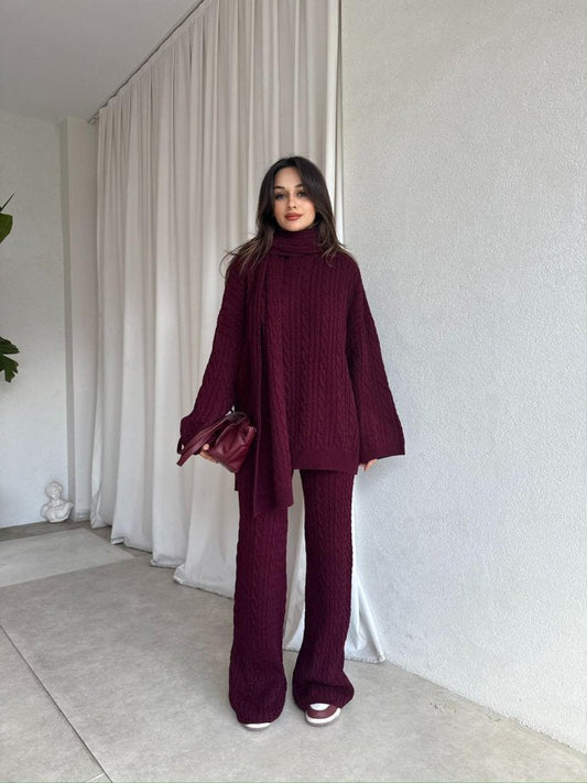 طقم تريكو أنيق نسائي مكون من 3 قطع بلوزة + بنطلون + سكارفTR-5