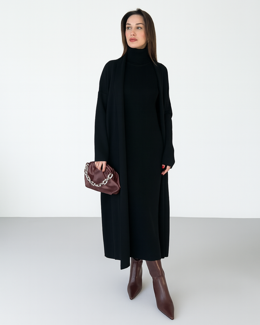 طقم تريكو أنيق نسائي مكون من قطعتين فستان بدون أكمام وكارديجان بأكمام طويلة TR-4