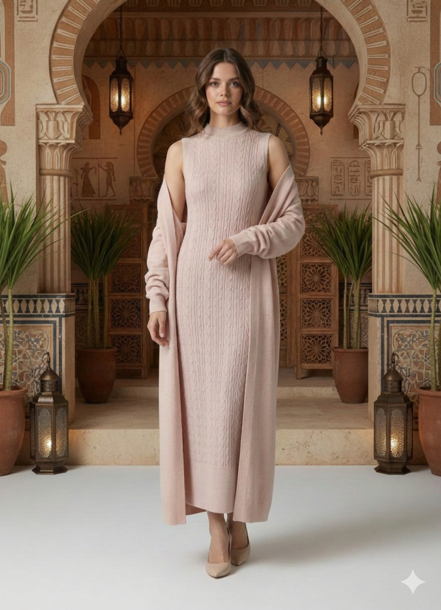 طقم تريكو أنيق نسائي مكون من قطعتين فستان بدون أكمام وكارديجان بأكمام طويلة TR-1