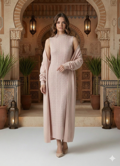 طقم تريكو أنيق نسائي مكون من قطعتين فستان بدون أكمام وكارديجان بأكمام طويلة TR-1