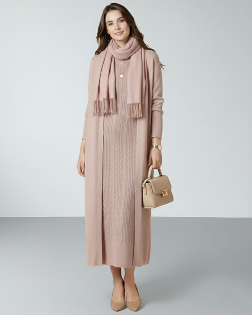 طقم تريكو أنيق نسائي مكون من قطعتين فستان بدون أكمام وكارديجان بأكمام طويلة TR-1