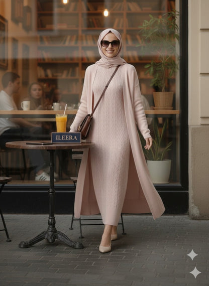 طقم تريكو أنيق نسائي مكون من قطعتين فستان بدون أكمام وكارديجان بأكمام طويلة TR-1