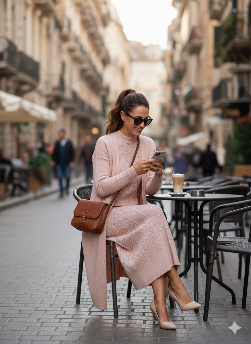 طقم تريكو أنيق نسائي مكون من قطعتين فستان بدون أكمام وكارديجان بأكمام طويلة TR-1