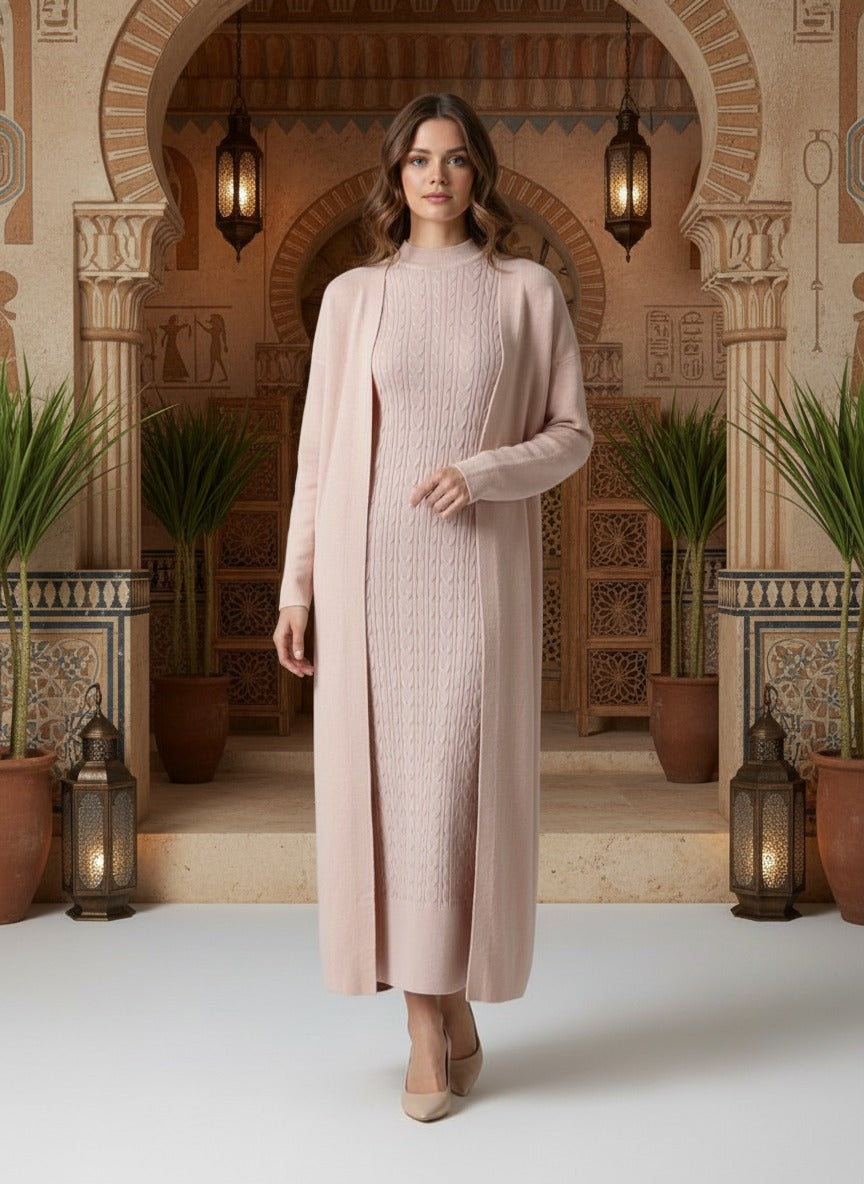 طقم تريكو أنيق نسائي مكون من قطعتين فستان بدون أكمام وكارديجان بأكمام طويلة TR-1