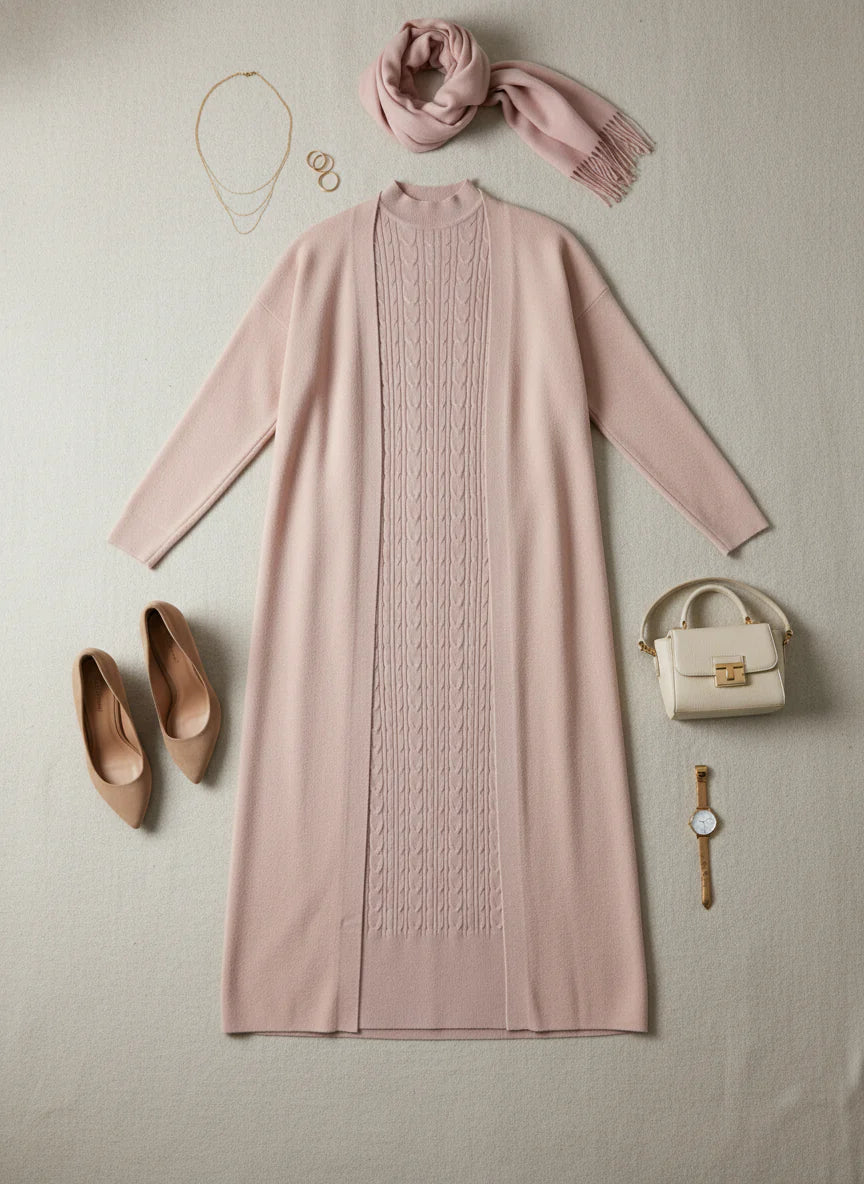 طقم تريكو أنيق نسائي مكون من قطعتين فستان بدون أكمام وكارديجان بأكمام طويلة TR-1