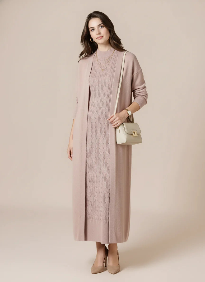 طقم تريكو أنيق نسائي مكون من قطعتين فستان بدون أكمام وكارديجان بأكمام طويلة TR-1
