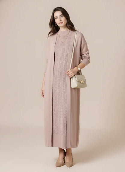 طقم تريكو أنيق نسائي مكون من قطعتين فستان بدون أكمام وكارديجان بأكمام طويلة TR-1