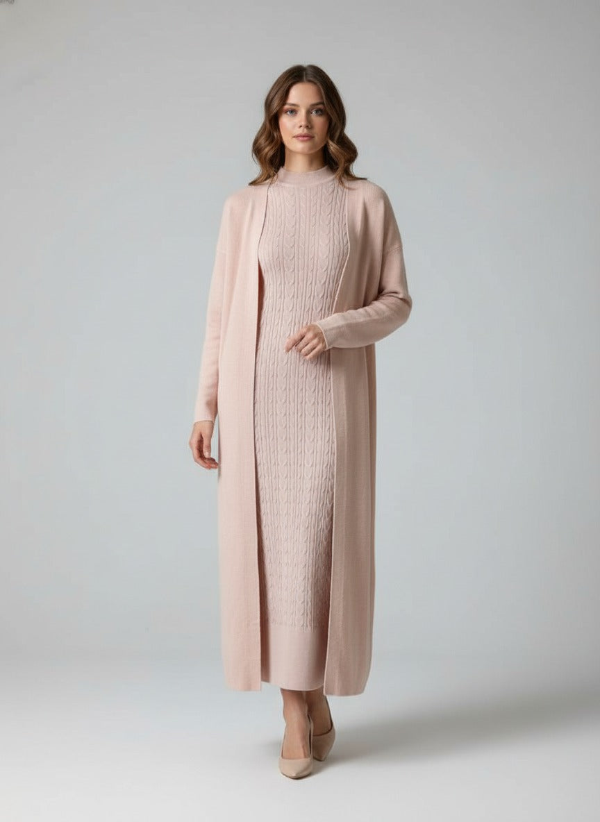 طقم تريكو أنيق نسائي مكون من قطعتين فستان بدون أكمام وكارديجان بأكمام طويلة TR-1