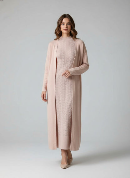 طقم تريكو أنيق نسائي مكون من قطعتين فستان بدون أكمام وكارديجان بأكمام طويلة TR-1