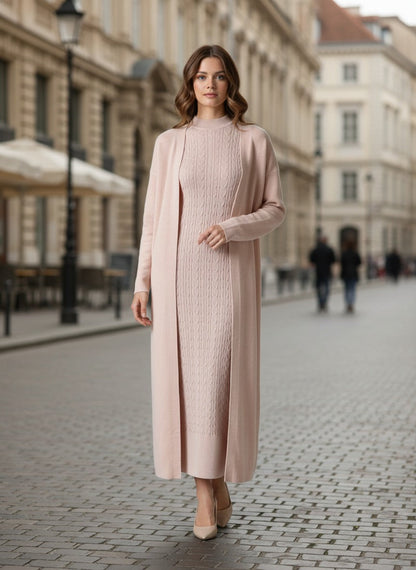 طقم تريكو أنيق نسائي مكون من قطعتين فستان بدون أكمام وكارديجان بأكمام طويلة TR-1