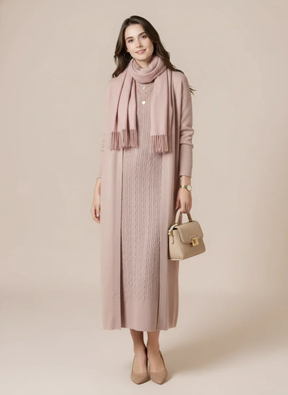 طقم تريكو أنيق نسائي مكون من قطعتين فستان بدون أكمام وكارديجان بأكمام طويلة TR-1