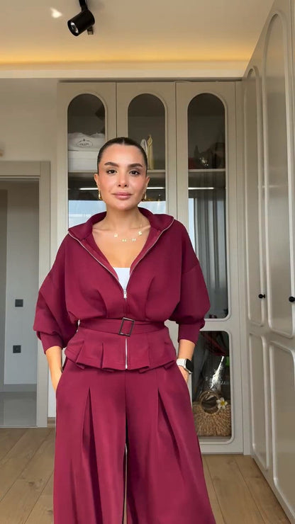 طقم كاجوال شامواه شتوي (جاكيت+بنطلون+حزام) S73