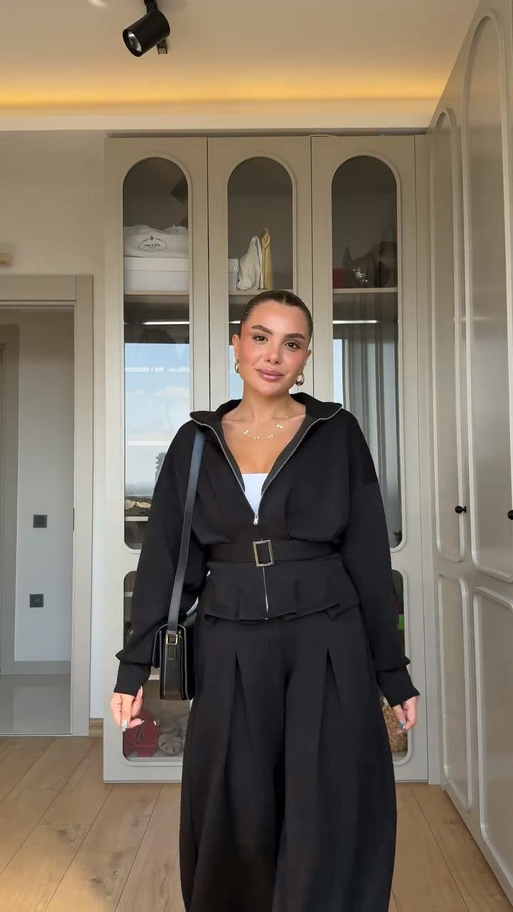 طقم كاجوال شامواه شتوي (جاكيت+بنطلون+حزام) S73