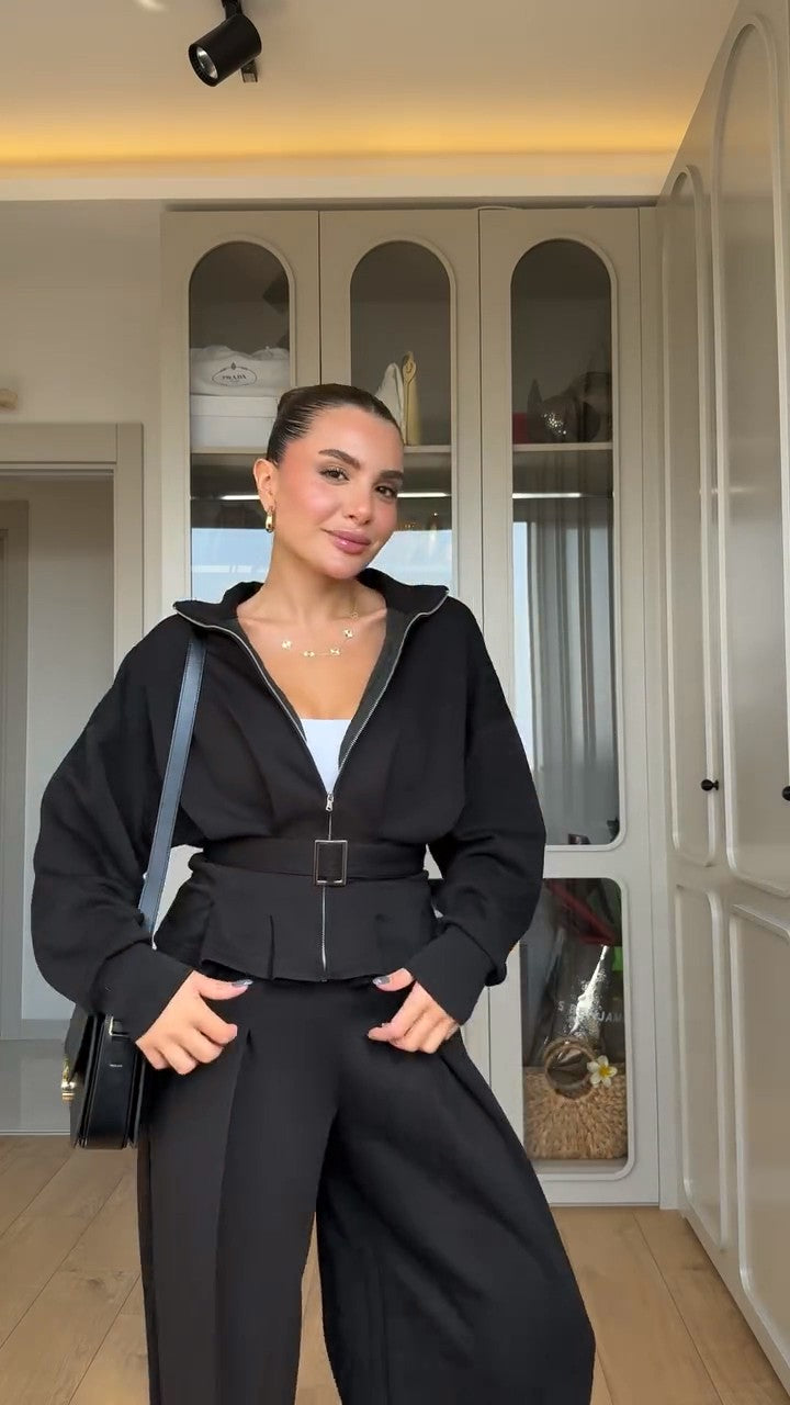 طقم كاجوال شامواه شتوي (جاكيت+بنطلون+حزام) S73