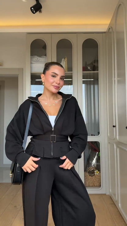 طقم كاجوال شامواه شتوي (جاكيت+بنطلون+حزام) S73