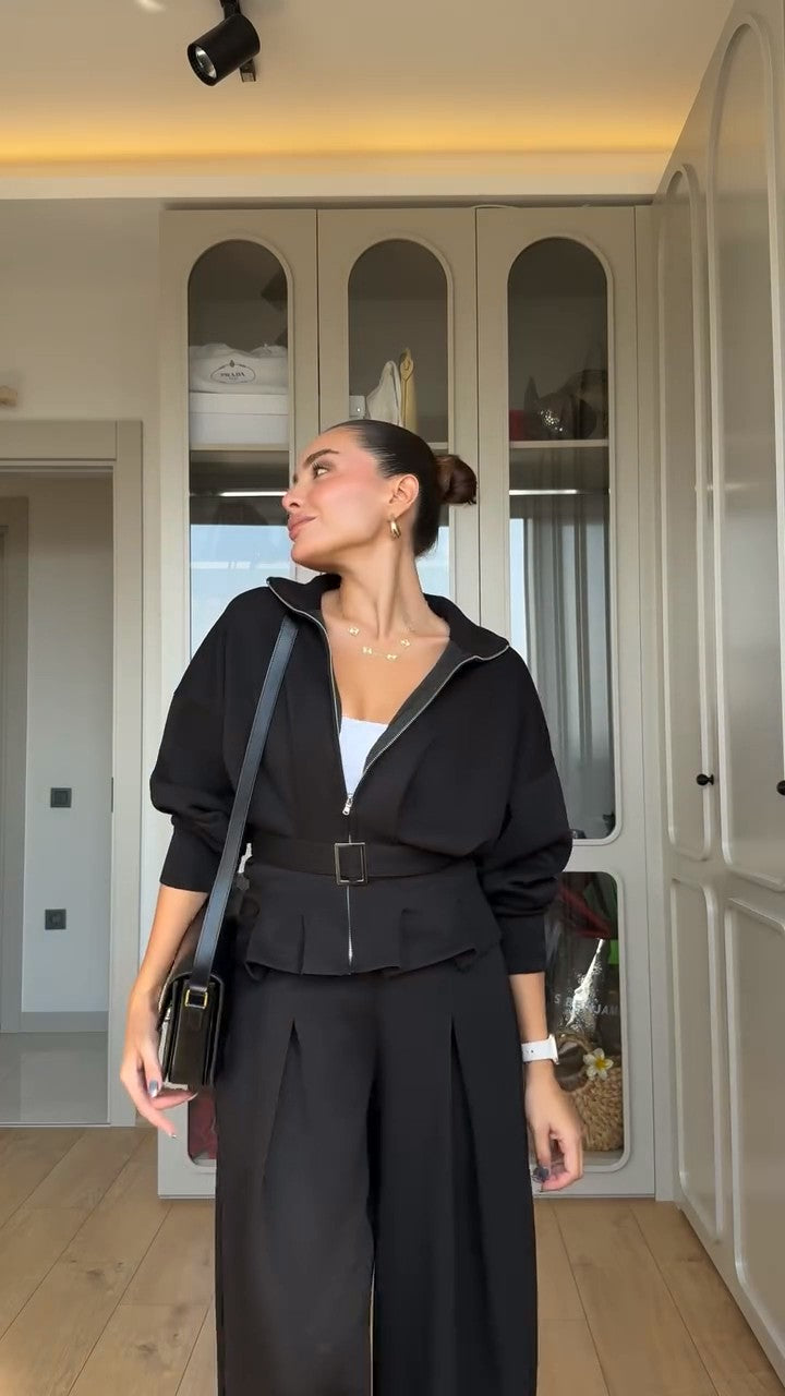 طقم كاجوال شامواه شتوي (جاكيت+بنطلون+حزام) S73